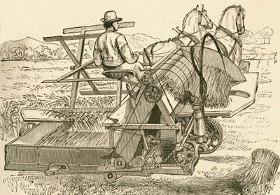 En høstemaskin, trukket av hester, som bandt maisskivene mekanisk, brukt på slutten av 1800-tallet. Fra El Museo Popular publisert Madrid av Spanish School