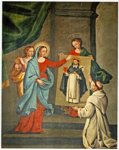 En helgen som presenterer et portrett av St. Dominic til jomfru Maria (se også 308140) av Spanish School