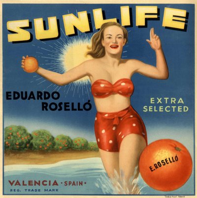 Reklame for appelsiner, bilde av en kvinne i badedrakt. Reklameplakat, Valencia av Spanish School