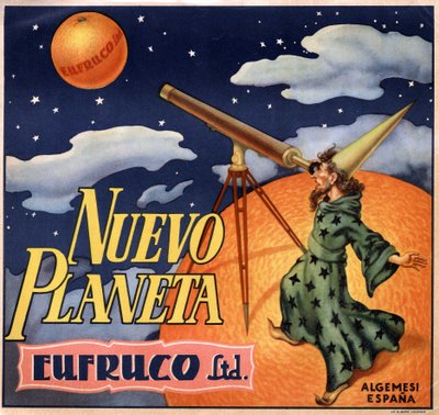 Annonsering med en tryllekunstner som observerer "" den nye planeten Orange""". Reklameplakat, Valencia av Spanish School