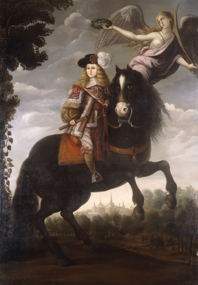 Et rytterportrett av kong Charles II, full lengde, i en rød frakk med hvit pynt som krones med en laurbær av en engel, Madrid i det fjerne, ca. 1685 av Spanish School