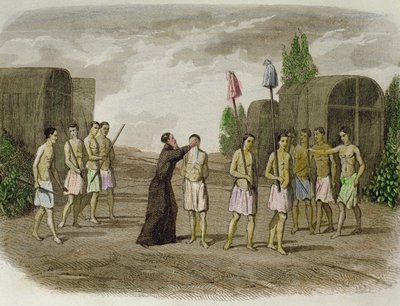 En urfolksslave av Tupinamba-stammen blir døpt av en jesuittprest, nær Bahia i 1550 av Spanish School