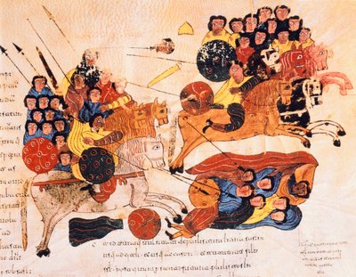 Kamp mellom hebreerne og filisterne, fra den visigotisk-mosarabiske bibelen til St. Isidores, fol.119r., 960 e.Kr. (tempera på vellum) av Spanish School