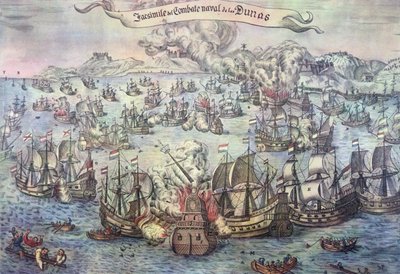 Battle of the Downs, 21. oktober 1639 (farget gravering) av Spanish School