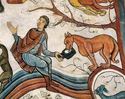 Sentral detalj av hvelvet som representerer kunngjøringen til hyrdene. Fresco fra 1100-tallet. av Spanish School