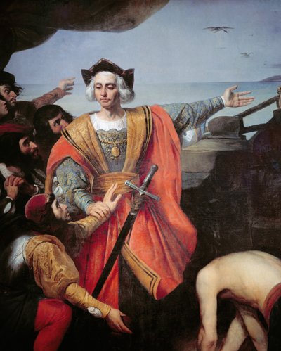 Christopher Columbus, om bord på karavellen sin, gester til øya Guanahani (San Salvador) 12. oktober 1492, detalj (olje på lerret) av Spanish School
