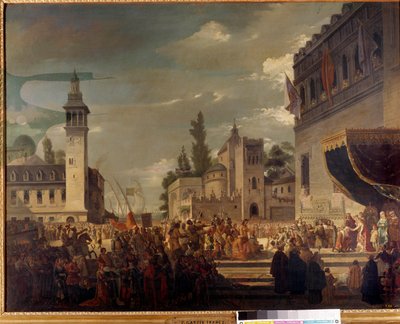 Christopher Columbus presenterer urbefolkningen på Ferdinand II og Isabella 1. av Castilla i Barcelona: presentasjonen av innbyggerne i Amerika for katolske konger av oppdageren Christopher Columbus (1451-1506). Maleri av Garcia Ibanez av Spanish School
