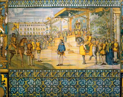 Feiringer i Valladolid til ære for Filip II av Spania i mai 1559. Fliser fra skolen til Talavera i palasset til familien Pimentel, Valladolid. av Spanish School
