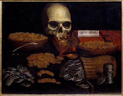 Myntforfengelighet allegori om tid og død, rikdom og menneskelige gleder. Maleri av den spanske skolen. Rouen fra 1600-tallet, Museum of Fine Arts av Spanish School