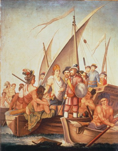 Erobring av Mexico: Garcia de Holguin fanger Guatimozin (olje om bord) av Spanish School