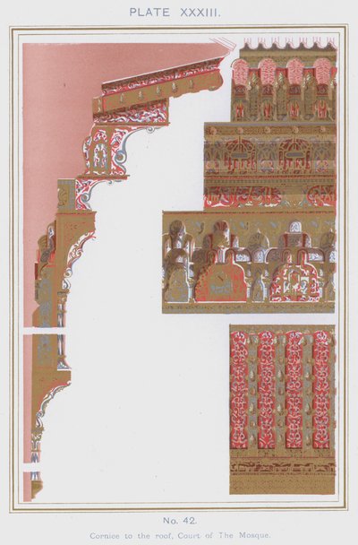 Gesims til taket, Court of The Mosque (farge litho) av Spanish School