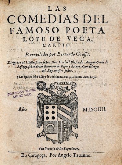Omslag til komediene til den berømte poeten Lope de Vega, av Felix Lope de Vega Carpio (1562-1635), utgave av 1604 (trykt monografi) av Spanish School