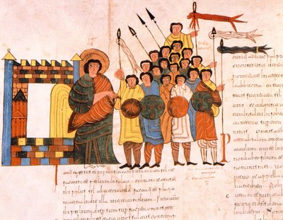 Avgang av kong Davids hær for krig, fra den visigotisk-mosarabiske bibelen til St. Isidores, fol.131v., 960 e.Kr. (tempera på vellum) av Spanish School