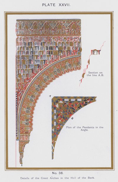 Detaljer om de store buene i Hall of the Bark (farge litho) av Spanish School