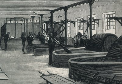 Økonomi (1800-tallet). Papirfabrikk i Spania "" La Guipuzcoana "". Sylinderrom og vasker av fabrikken som ligger i Tolosa (Guipuzcoa). gravering av Spanish School
