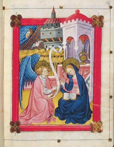 F.eks 2653 f.14 Bebudelsen, fra Hours of the Blessed Jomfru Maria (vellum) av Spanish School