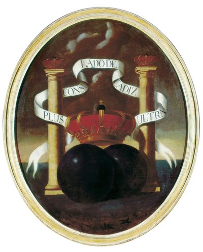 Emblem av spanske transatlantiske eiendeler som senere ble sitatet til Cadiz som en frihavn. Spania av Spanish School
