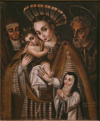 Ex voto, hellig familie med St. Anne og nonnen i klosteret, Ana de Ibaizabal av Spanish School