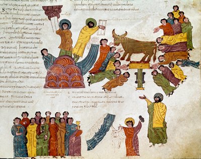 Exodus: "" tilbedelsen av gullkalven""" Moses og lovens tabeller. Miniatyr fra en mosarabisk bibel. 900-tallet. Leon. Biblioteket til Royal Collegiale of Saint Isidore. Spania av Spanish School
