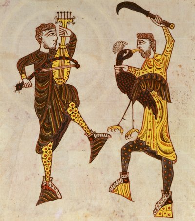F.86 Two Men Dancing, fra Beatus Apocalypse fra Santo Domingo de Silos av Spanish School