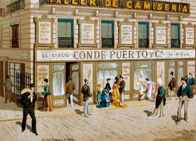 Mote: reklameplakat for stoffbutikken "" Conde Puerto "" boutique Barcelona. 1800-tallet av Spanish School