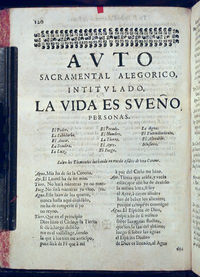 Første side av La Vida es Sueno fra Los Autos Sacramentales av Pedro Calderon de la Barca (1600-81) redigert av Juan Garcia Infanzon, 1690 (trykt papir) av Spanish School