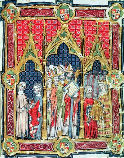 Fol.13r Kroning av kongene av Aragon og Castille: Alfonso VII (1105-57) tilbyr gullbrød i nærvær av erkebiskopen av Toledo, fra Libro de los Testamentos av Spanish School