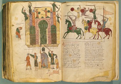 Fol.208 og 209v Attack and Take of Jerusalem av Nebuchadnesar, kopi av originalen skrevet av munken Beatus av Liebana i ca. 776, fra Commentary on the Apocalypse, (10. århundre) av Spanish School