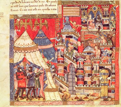 Fol.40v Den greske leiren og byen Troja, fra Codex Benito Santa Mora av Spanish School