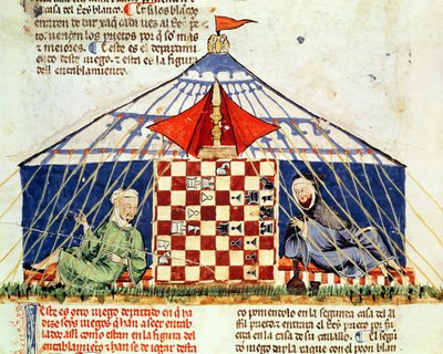 Fol.62v To arabere som spiller sjakk i et telt, fra Boken om spill, sjakk, terninger og brett, 1282 av Spanish School