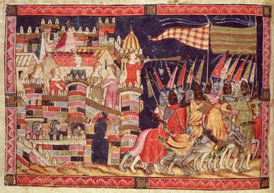 Fol.86v The Trojans Leaving for Battle, fra Codex Benito Santa Mora av Spanish School