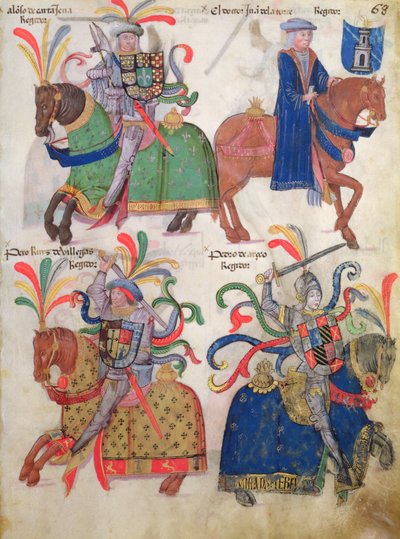 Fire kavalerer, fra Libro de Los Caballeros de la Cofradia de Santiago av Spanish School