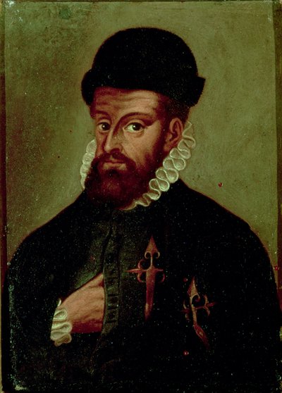 Francisco Pizarro (1478-1541) spansk conquistador (olje på panel) av Spanish School