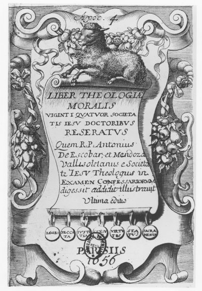 Frontispice for Liber Theologiae Moralis, av Antonio Escobar y Mendoza, 1656 av Spanish School