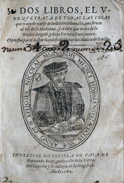 Frontispice, med portrett av Nicolas Monardes (1493-1588) av en medisinbok fra øyene i det spanske Karibien og bruk av bezoard (anti-gift). Verk av Nicolas Monardes, utgave 1569, av Hernando Diaz, i Sevilla. Universitetsbiblioteket i av Spanish School
