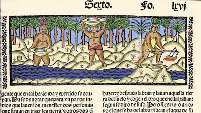 Gullutvinning: urbefolkningen siler elven på jakt etter gull. Gravering fra boken "General history of the Indias, islands and fastland of the ocean sea"" av Gonzalo Fernandez de Oviedo (Gonzalo) eller Fernandez de, ou Hernandez de Oviedo y Valdes (1478- av Spanish School