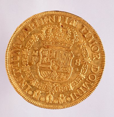 Gullmynt (8 ecu) fra Spania: regjering av Filip (Filippo eller Philippe) V (1700-1746). 1739 Diam. 3,6 cm Napoli, museo archeologico av Spanish School