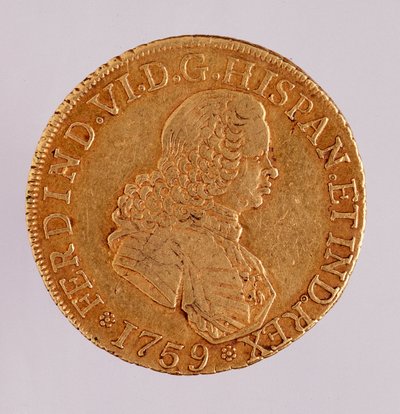 Gullmynt (8 ecu) fra Spania: Reign of Ferdinand VI (1746-1759). 1759 Diameter. 3,5 cm Napoli, arkeologisk museum av Spanish School