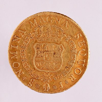 Gullmynt (8 ecu) fra Spania: Reign of Ferdinand VI (1746-1759). 1759 Diameter. 3,5 cm Napoli, arkeologisk museum av Spanish School