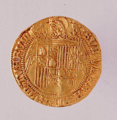 Gullmynt fra Spania: regjeringstid av katolikker, kong Ferdinand og Isabella (Ferdinand II av Aragon og Isabella I av Castilla). 1474-1516 Diam. 2,7 cm Napoli, museo archeologico av Spanish School