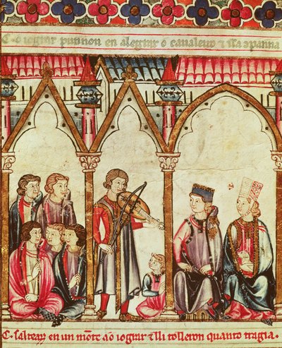 Gruppe av trubadurer, illustrasjon fra Cantigas de Santa Maria, laget under ledelse av Alfonso X (The Wise) King of Castille and Leon (1221-84) (se også 56625) av Spanish School