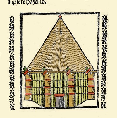 Habitat: beskrivelse av Cabane des Indigenes Caraibes. Gravering fra boken "General history of the Indias, islands and fastland of the ocean sea"" av Gonzalo Fernandez de Oviedo (Gonzalo) eller Fernandez de, ou Hernandez de Oviedo y Valdes (1478-1557) av Spanish School