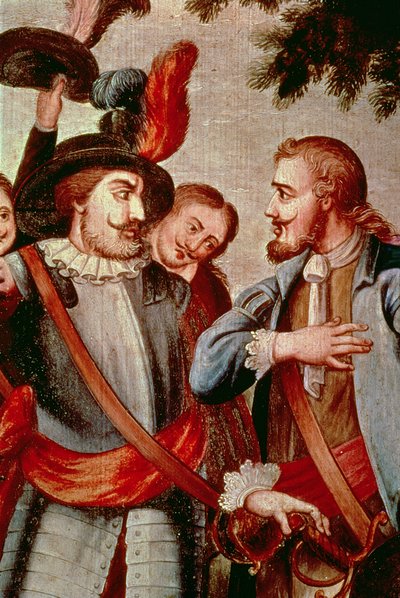 Hernando Cortes (1485-1547) og Diego di Velasquez (1465-1524) (olje på lerret) (detalj) (se 113574) av Spanish School