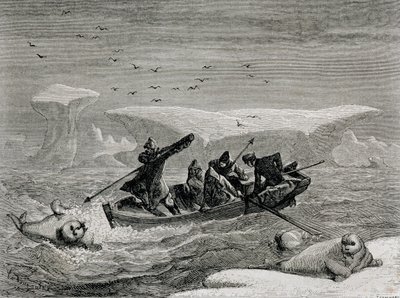 Jakt på hvalross med harpuner på Spitsbergen, Svalbard, illustrasjon fra 