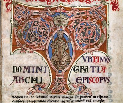Innledende T med en skildring av Karl den Store, illustrasjon fra Codex Calixtinus, ca. 1140 av Spanish School