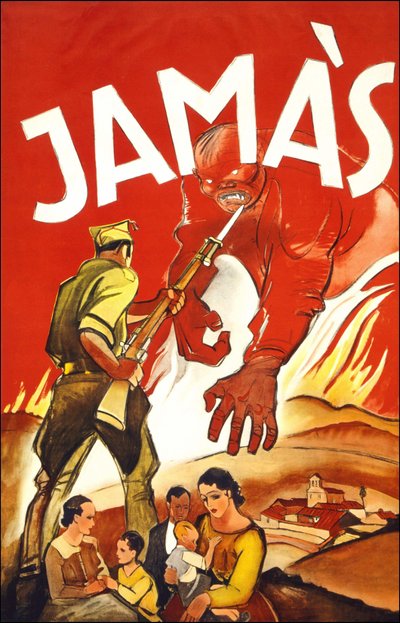 Jamàs (“Never”), poster published during the Spanish War showing a soldier who protects Spanish families. Between 1936 and 1939. av Spanish School