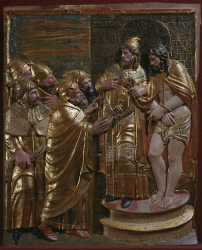 Jesus foran Kaifas, detalj av en renessansealtertavle (malt og forgylt tre) av Spanish School
