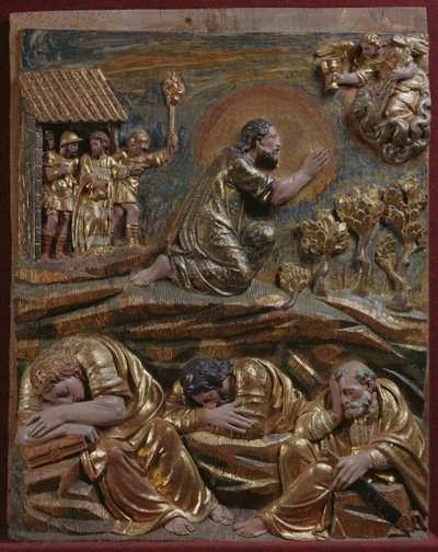 Jesus i Getsemane hage, detalj av en renessansealtertavle (malt og forgylt tre) av Spanish School