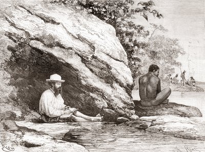 Jules Crevaux, under sin utforskning av Fransk Guyana i 1878, i skyggen av en stein på bredden av elven Oyapock eller Oiapoque av Spanish School