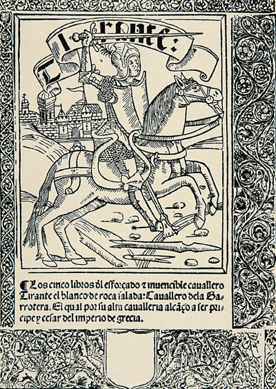 Ridder på sitt fjell, Frontispice av det spanske verket Tirant lo Blanc av Joanot MARTORELL (1413-1468) av Spanish School